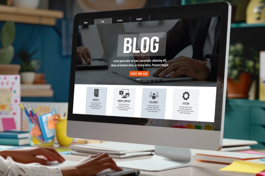 blogging concept, web blog Social Media Information network brisk. social media online content, freelance worker, working online, content creator, blogger, website, reading blog online on computer