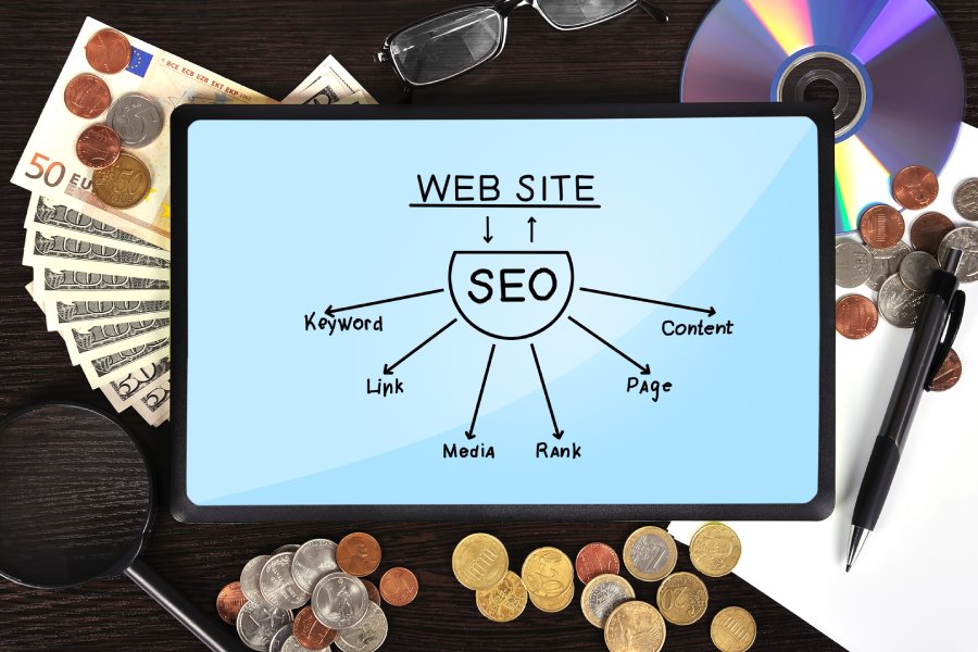 Modern business workplace: tablet with plan seo